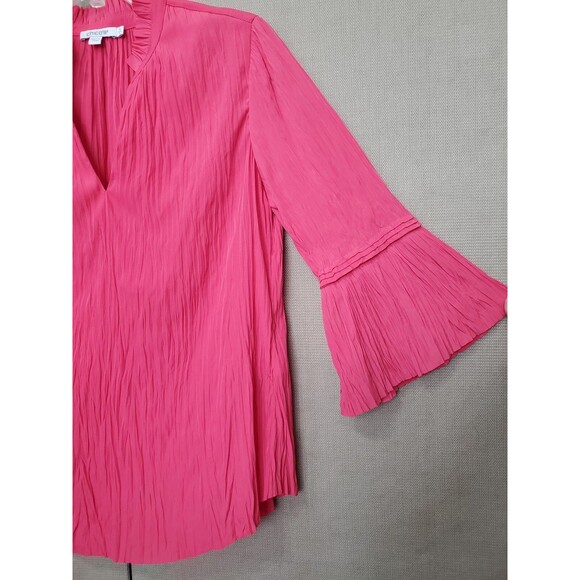 Chico's Pink Crinkle Texture Pleated Ruffle Neck Tiered Flare Sleeve Blouse Sz S - Picture 2 of 7